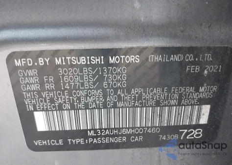 2021 Mitsubishi Mirage Carbonite Edition/Es/Le from USA, damaged, VIN ML32AUHJ6MH007460